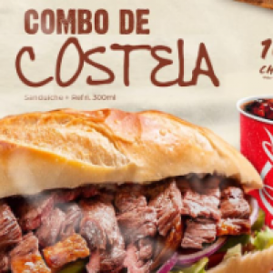 Sanduíche de costela assada na brasa com queijo Pão francês com creme de alho,  queijo,  costela assada na brasa e vinagrete e Refrigerante lata 350ml.


