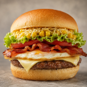 Pão,  carne,  queijo,  ovo,  alface,  tomate, ,  bacon,   milho,  batata palha queijo ralado e ovo de codorna.(FOTO ILUSTRATIVA)