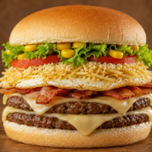 Pão,  carne,  queijo,  presunto,  bacon,  ovo,  milho,  batata palha,  queijo ralado e ovo de codorna.(FOTO ILUSTRATIVA)