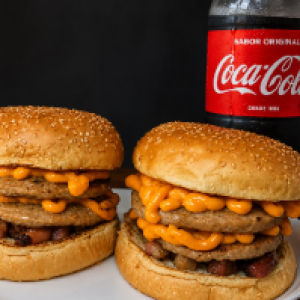  2  DOUBLE BACON ,  PAO 2 CAENES 56g,  CHEDDAR,  BACON + 1 COCA 2L .