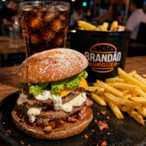 CHEESE BRANDÃO,  2 carne Artesanal ou picanha 120g cada ,  queijo prato ,  creme cheese ,  bacon ,  tomate ,  alface + batata frita P + 1 lata 350ml. 