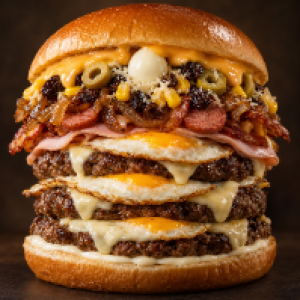 Pão, maionese, 3 carne de picanha, 3 ovos, queijo mussarela, 
presunto, bacon, calabresa, cebola ao
shoyo, milho, passas, queijo parmesão, azeitona, ovo de
codorna, cheddar ou catupiry, fritas ou palha