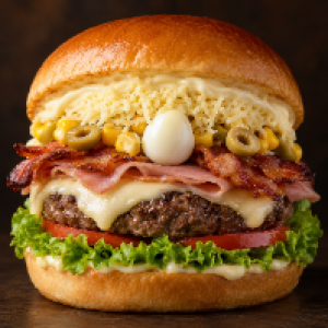 Pão, carne de picanha, maionese, alface, tomate, bacon, queijo mussarela, presunto, milho, azeitona, ovo de codorna, queijo ralado, cheddar ou catupiry, fritas ou palha