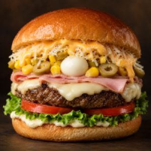 Pão, carne artesanal, maionese, alface, tomate, queijo mussarela, presunto, milho, azeitona, ovo de codorna, queijo ralado, cheddar ou catupiry, fritas ou palha
