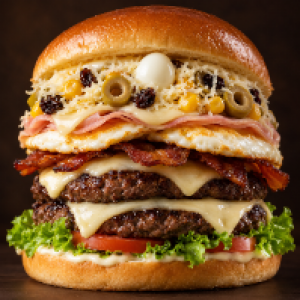Pão, 2 carne bovina
56g, maionese, alface, tomate, bacon, 2 ovos, 2 queijos
mussarela, 2 presunto, milho, passas, azeitona, ovo de
codorna, queijo ralado, cheddar ou catupiry, fritas ou
palha