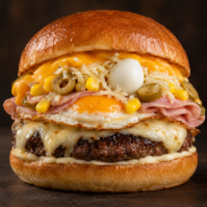 Pão, carne artesanal, maionese, ovo, queijo mussarela, presunto, milho, azeitona, ovo de codorna, queijo ralado, cheddar ou catupiry, fritas ou palha