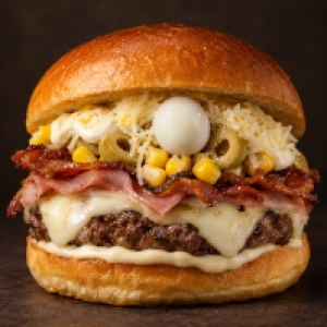Pão, carne artesanal, maionese, bacon, queijo mussarela, presunto, milho, azeitona, ovo de codorna, queijo ralado, cheddar ou catupiry, fritas ou palha