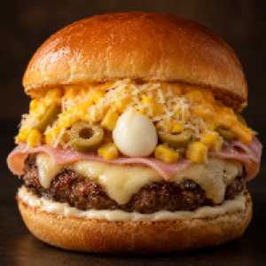 Pâo, carne de picanha, maionese, queijo mussarela, presunto, milho, azeitona, ovo de codorna, queijo ralado, cheddar ou catupiry, fritas ou palha