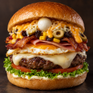Pão, carne bovina
56g, maionese, alface, tomate, bacon, ovo, queijo
mussarela, presunto, milho, passas, azeitona, ovo de
codorna, queijo ralado, cheddar ou catupiry, fritas ou
palha