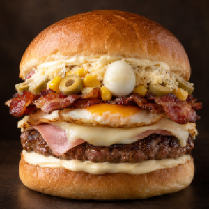 Pão, carne de frango, maionese, ovo, bacon, queijo mussarela, presunto, milho, azeitona, ovo de codorna, queijo ralado, cheddar ou catupiry, fritas ou palha