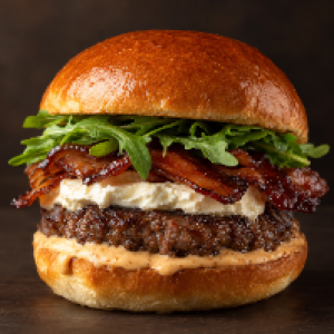 Pão brioche, molho especial, carne artesanal 150g, creme cheese, tiras
de bacon caramelizada ao shoyo e rúcula