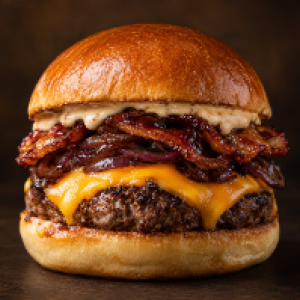 Pão brioche, molho especial, carne artesanal 150g, queijo
cheddar, cebola roxa caramelizada  ao shoyo e tiras de bacon caramelizada ao barbecue 