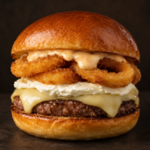 Pão brioche, molho especial, carne artesanal 150g, queijo prato, creme
cheese, onion ring 