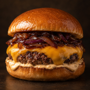 Pão brioche, molho especial, carne artesanal 150g, queijo cheddar e
cebola roxa caramelizada ao shoyo