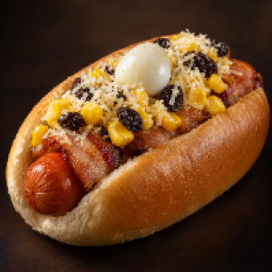 Todos os hot dogs vêm acompanhados de
batata palha, milho, passas, parmesão ralado e
ovo de codorna