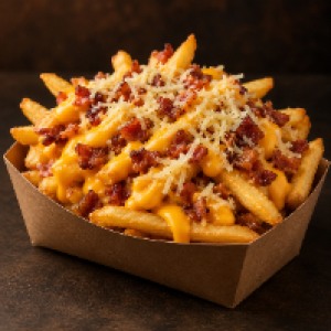 Batata frita média, coberta com cheddar ou requeijão, bacon e queijo ralado
