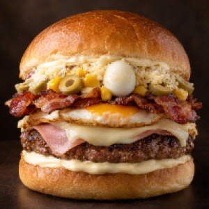 Pão, carne bovina 56g, maionese, ovo, bacon, queijo
mussarela, presunto, milho, azeitona, ovo de
codorna, queijo ralado, cheddar ou catupiry, fritas
ou palha
