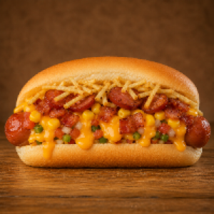 Pão,  vinagrete,  tomate,  cebola,  milho,  batata palha,  bacon e calabresa (Cheddar ou Catupiry).