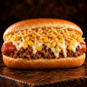 Pão hot dog,  carne moída,  salsicha,  milho,  mussarela e batata palha.