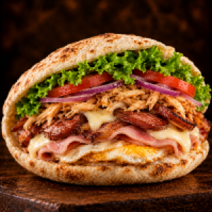 Pão árabe,  ovo,  bacon,  calabresa,  presunto,  mussarela,  frango e salada.