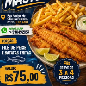 Porção de filé de peixe com batata frita,  serve de 3 a 4  pessoas.