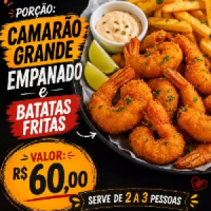 Porção camarão empanado com batata frita,  serve de 2 a 3 pessoas.