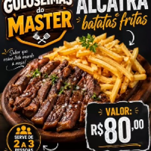 Porção de alcatra com batata frita,  serve de 2 a 3 pessoas.