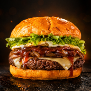 Pão de cenoura,  carne de boi,  salada,  ovo,  cebola caramelizada,  barbecue,  queijo prato e molho da casa.