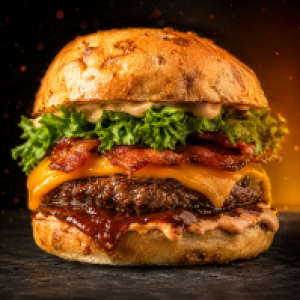 Pão de batata,  hambúrguer de picanha,  salada,  bacon,  queijo cheddar,  barbecue e molho da casa.