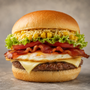 Pão,  carne,  queijo prato em fatias,  bacon em fatias,  ovo,  batata,  alface,  tomate,  queijo ralado,  milho