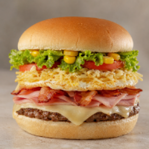 Pão,  carne,  queijo prato em fatia,  presunto,  bacon em fatias,  ovo,  batata,  alface,  tomate,  queijo ralado,  milho