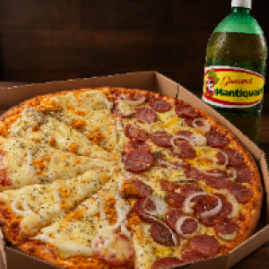 Pizza família grandona de 40cm quentinha e recheada com Mantiqueira Guaraná 2L gelado. Tudo que a família precisa num só pedido!