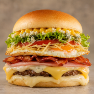 Pão,  carne,  5 tipos de queijo (prato,  mussarela,  parmesão,  gorgonzola e provolone,  presunto,  bacon,  ovo,  alface,  tomate,  batata frita ou palha,  milho