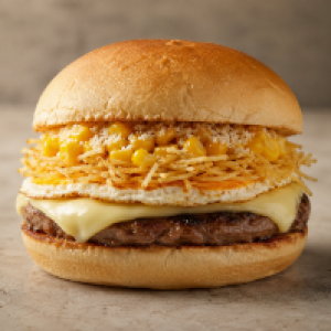 Pão,  carne,  queijo prato em fatia,  ovo,  batata,  queijo ralado,  milho