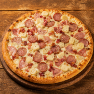Mussarela,  bacon,  palmito,  orégano,  presunto e calabresa