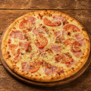 Mussarela,  Presunto,  tomate,  bacon,  cebola,  parmesão e orégano.
