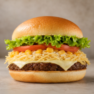 Pão,  carne,  queijo prato em fatia,  batata,  alface,  tomate,  queijo ralado,  milho