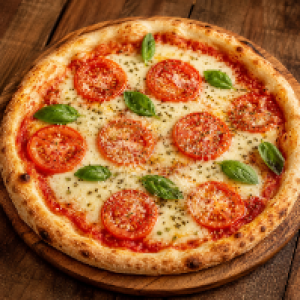 Mussarela,  manjericão,  tomate,  parmesão e orégano
