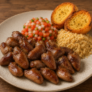 Acompanha vinagrete,  farofa e pão de alho