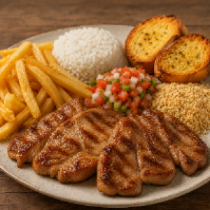 Acompanha arroz,  batata frita,  vinagrete,  pão de alho e farofa