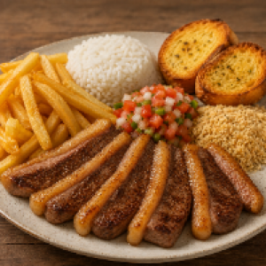 Carne de capa de gordura uniforme,  servida com arroz,  vinagrete,  batata frita,  pão de alho e farofa