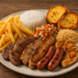 Misto de carne bovina,  suína,  duas linguiças de pernil,  2 medalhões de frango,  arroz,  vinagrete,  batata frita,  pão de alho e farofa