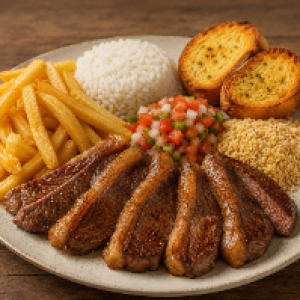 Acompanha arroz,  batata frita,  vinagrete,  pão de alho e farofa