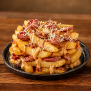 Famosa batata canoa,  acompanhada com molho especial,  calabresa,  bacon e parmesão.