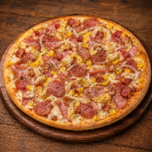 Molho,  mussarela,  presunto,  calabresa,  frango,  milho,  bacon,  lombo,  cebola e orégano