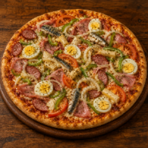 Molho,  mussarela,  tomate,  pimentão,  sardinha,  palmito,  presunto,  calabresa,  ovo cozido,  cebola e orégano