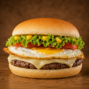 PÃO, CARNE, CHEDDAR, MILHO, OVO FRITO, OVO DE CODORNA E QUEIJO RALADO