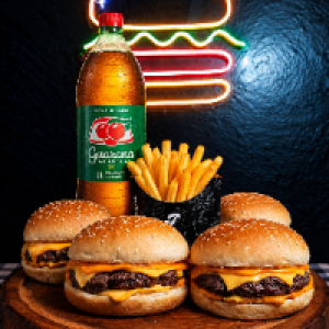 O combo Burger família e composto por,  quatro Cheese Burger,  uma batata frita Bob's G,  e um guaraná Antártica de 2 litros.

