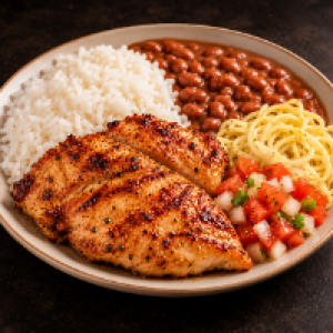 Arroz branco,  feijão,  vinagrete e macarrão.