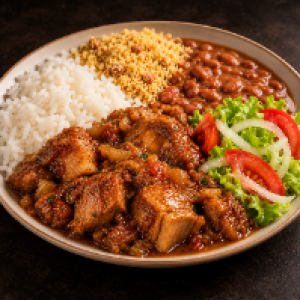 Arroz branco,  farofa,  feijão e salada.